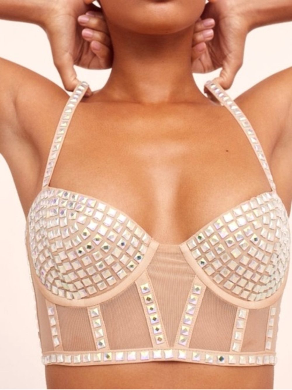 For Love And Lemons Nude Iridescent Studded Bustier